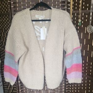 Saltwater Luxe Cream and Pink Cardigan Sweater with Striped Sleeves